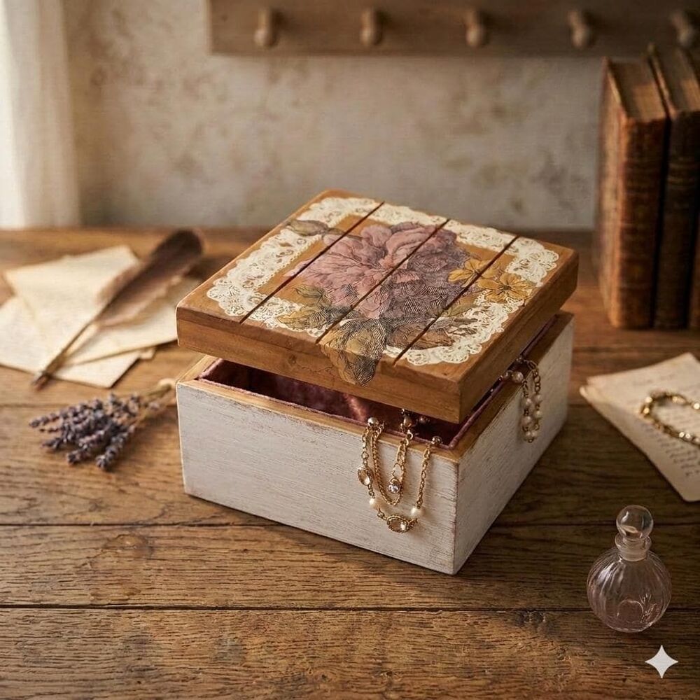 Floral Keepsake Box - 7" Solid Pine Jewelry Box - Rustic Hand-Painted Upcycle